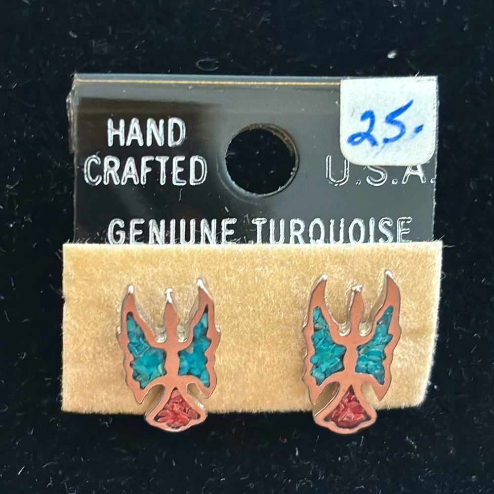 Vintage Sterling Turquoise and Coral “Thunderbird” Earrings